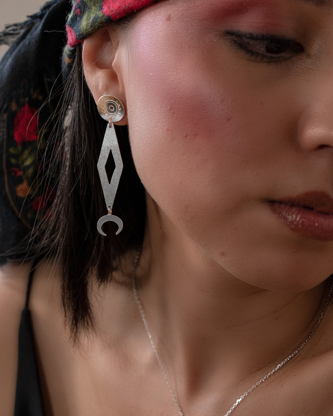 Short Southern Plains style earrings with triangle and crescent dangle