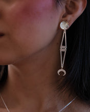Load image into Gallery viewer, Medium length Southern Plains earrings with 2 tiers and round post with crescent dangle
